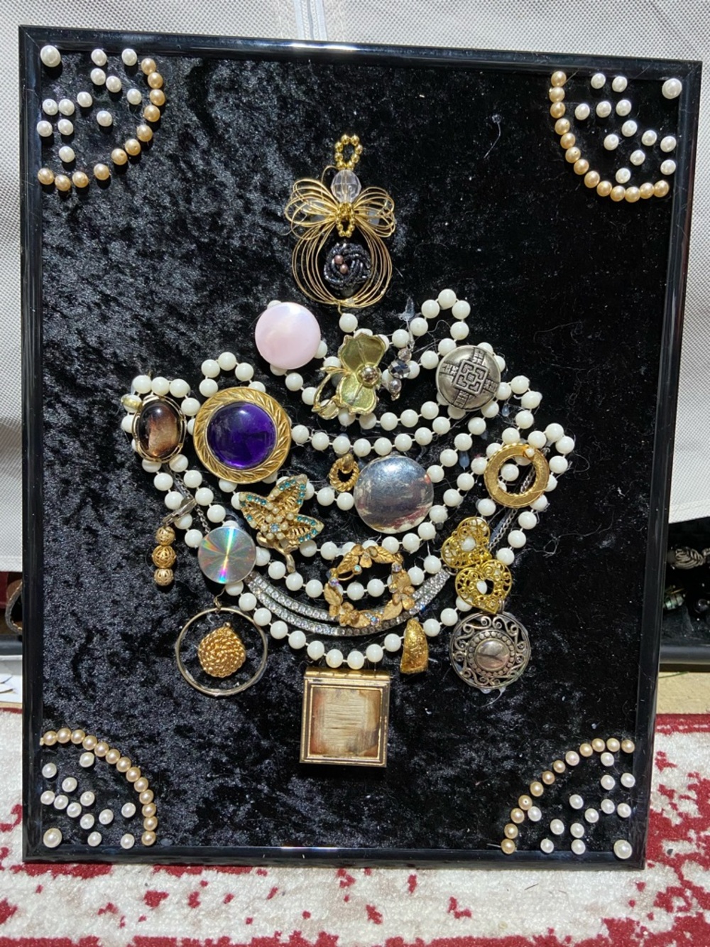 OOAK Handmade Framed Vintage & Modern Costume Jewelry Christmas Tree Mosaic Art.